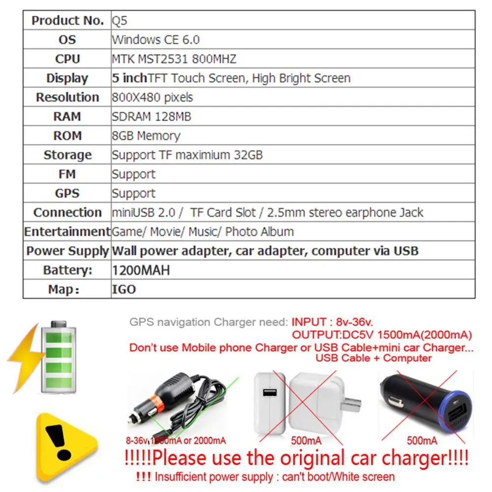 GPS Car Navigation USB Charging Car Charger Convenient FM Transmitter Navigator 5.0 Inch TFT Touch Screen GPS Device