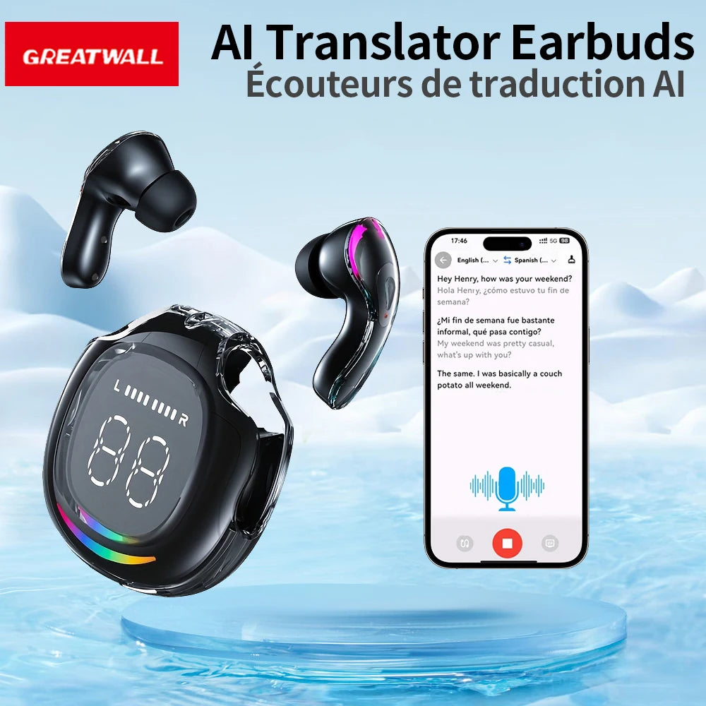 GREATWALL AI language Translator Earbuds Supports 144 Languages And Accents Real Time High Accuracy Translation Earbuds
