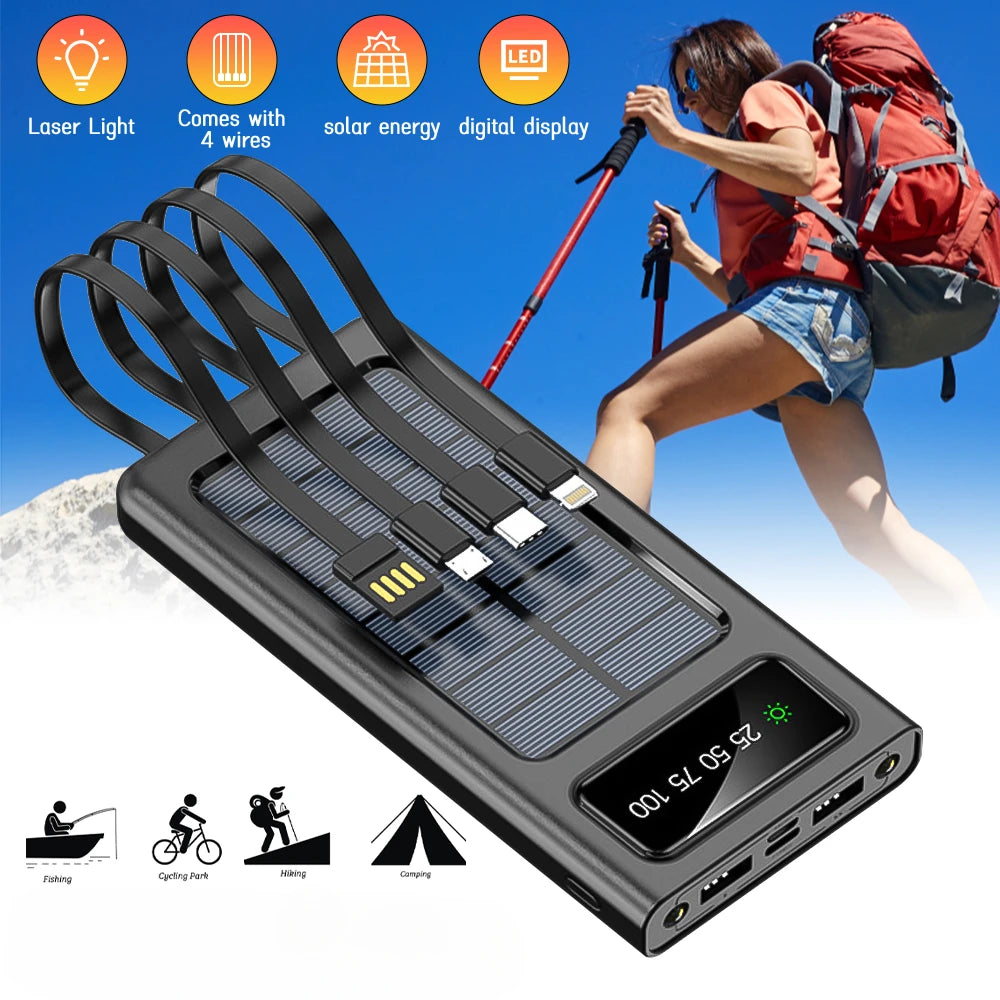 000002mAh Solar Power Bank 4-USB Cable Portable Charger Ultra-Large Capacity Mobile Power Suitable For Samsung Apple Huawei