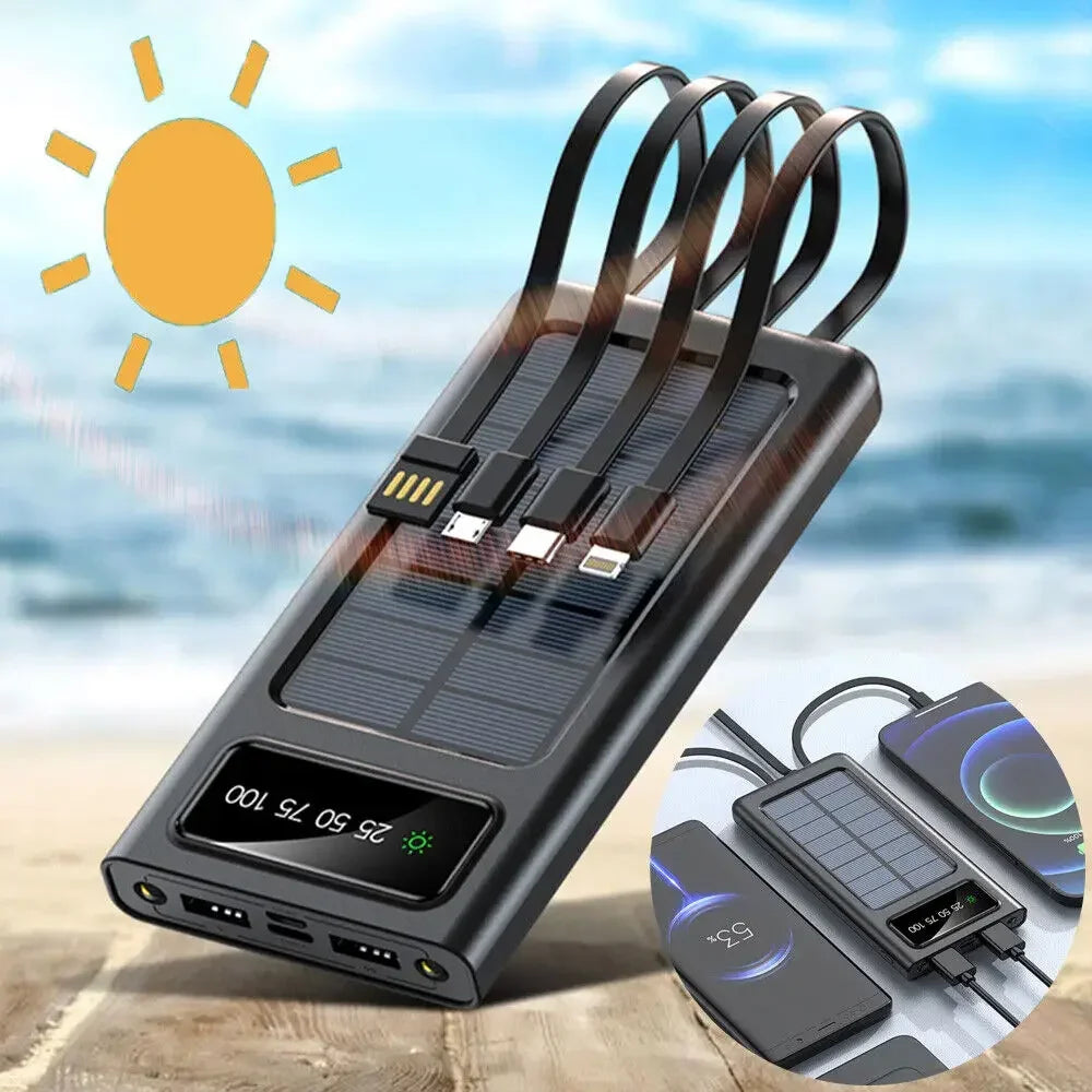 000002mAh Solar Power Bank 4-USB Cable Portable Charger Ultra-Large Capacity Mobile Power Suitable For Samsung Apple Huawei