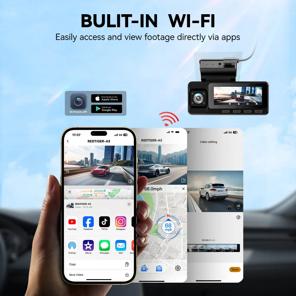 REDTIGER A3 3 Cameras Front/Cabin/Rear Cam Dash Cam Dash Camera Built-in 5.8Ghz WiFi GPS Car DVR Night Vision Parking Monitor
