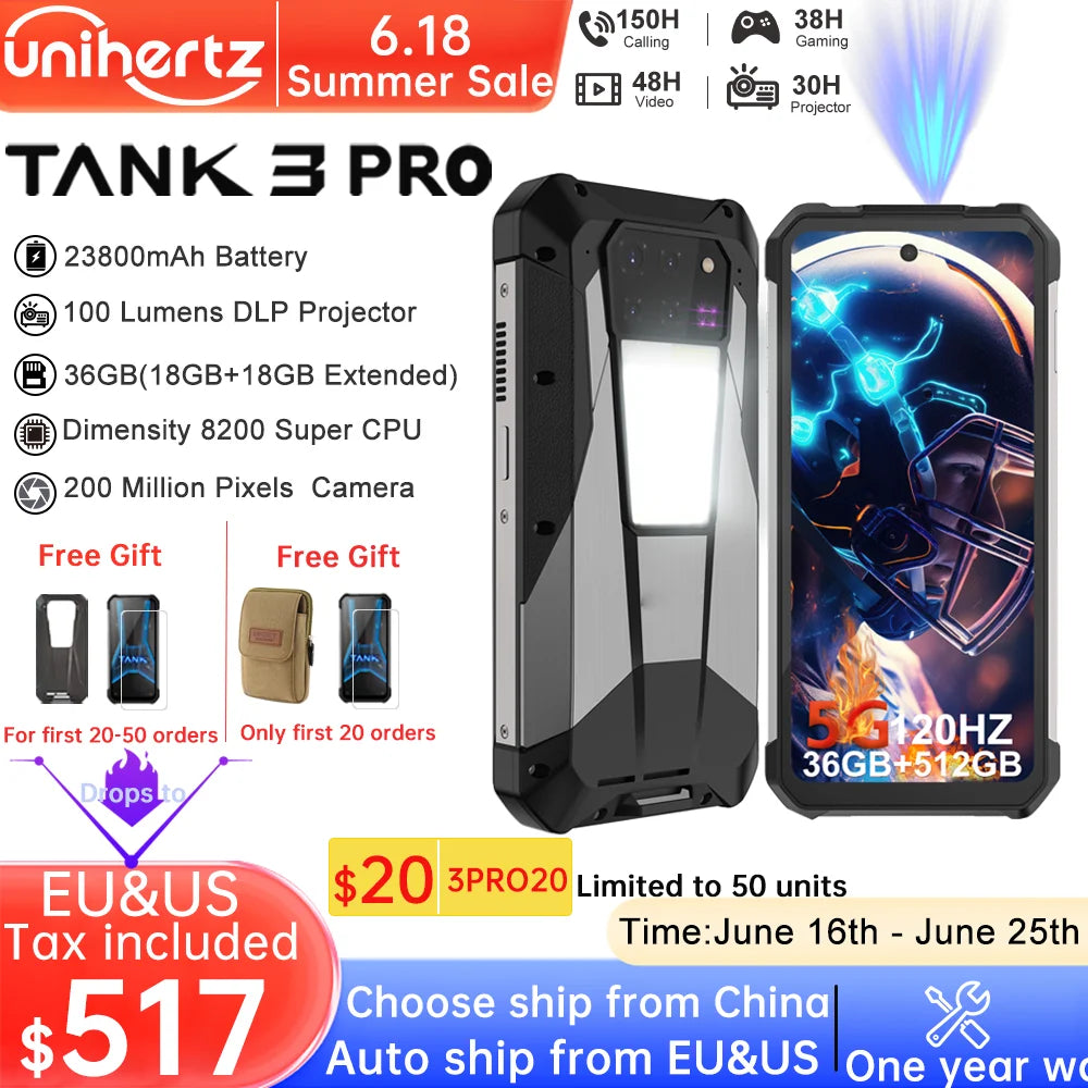 US EU MX Warehouse Unihertz Tank 3 Pro 8849 with 100 Lumens 5G Projector phone,32GB/36GB RAM,512GB ROM,23800mAh 120W,200MP, NFC