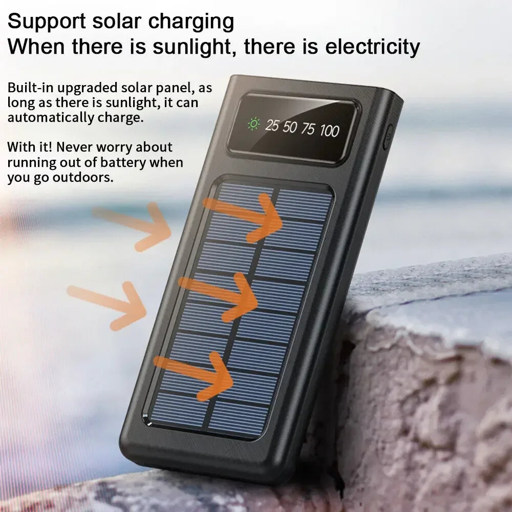 000002mAh Solar Power Bank 4-USB Cable Portable Charger Ultra-Large Capacity Mobile Power Suitable For Samsung Apple Huawei