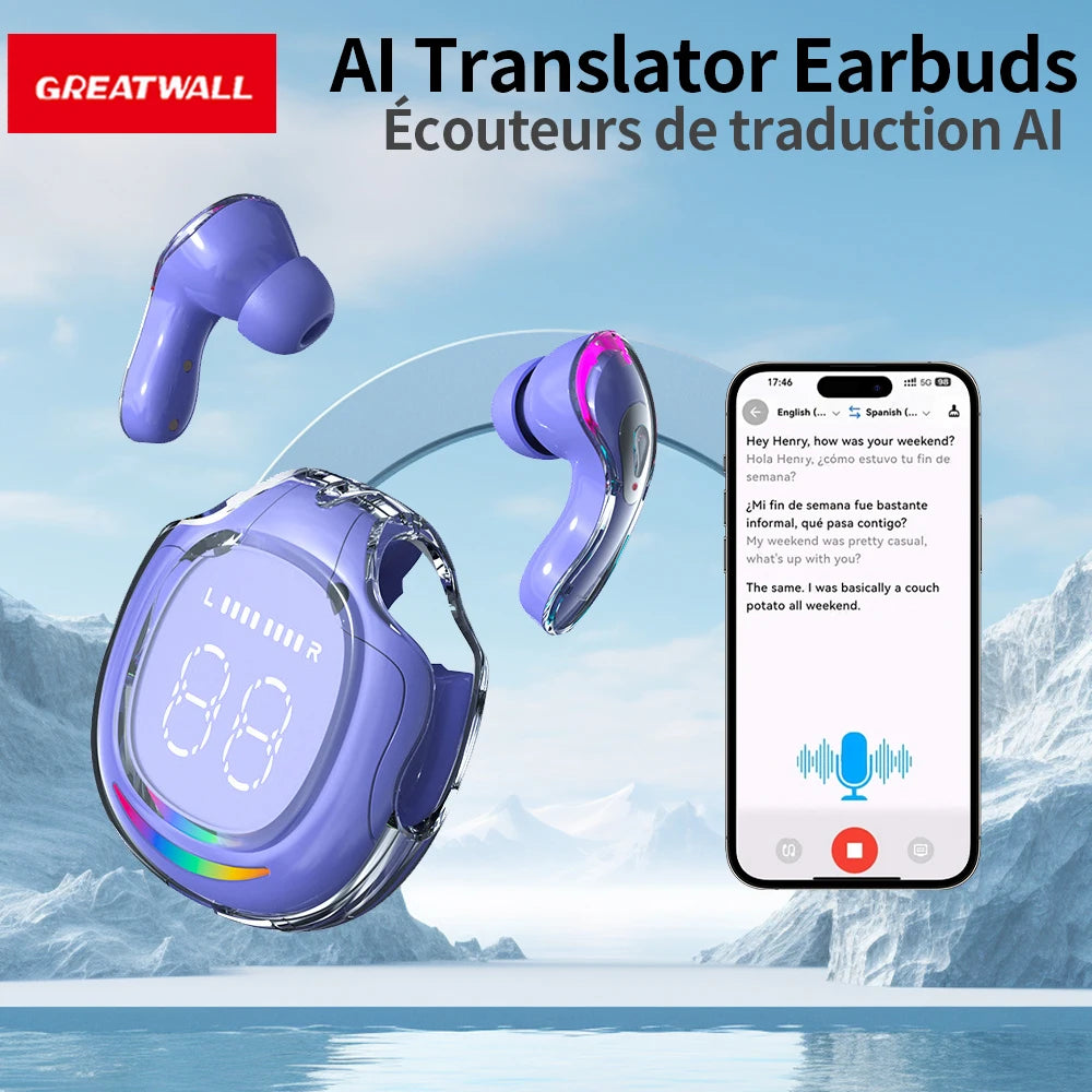 GREATWALL AI language Translator Earbuds Supports 144 Languages And Accents Real Time High Accuracy Translation Earbuds