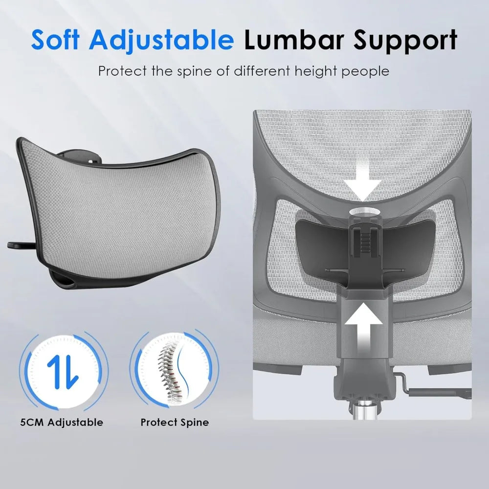Ergonomic Mesh Office Chair, Computer Desk Chair Ergonomic, High Back Office Chair with Headrest, Adjustable Lumbar Support and
