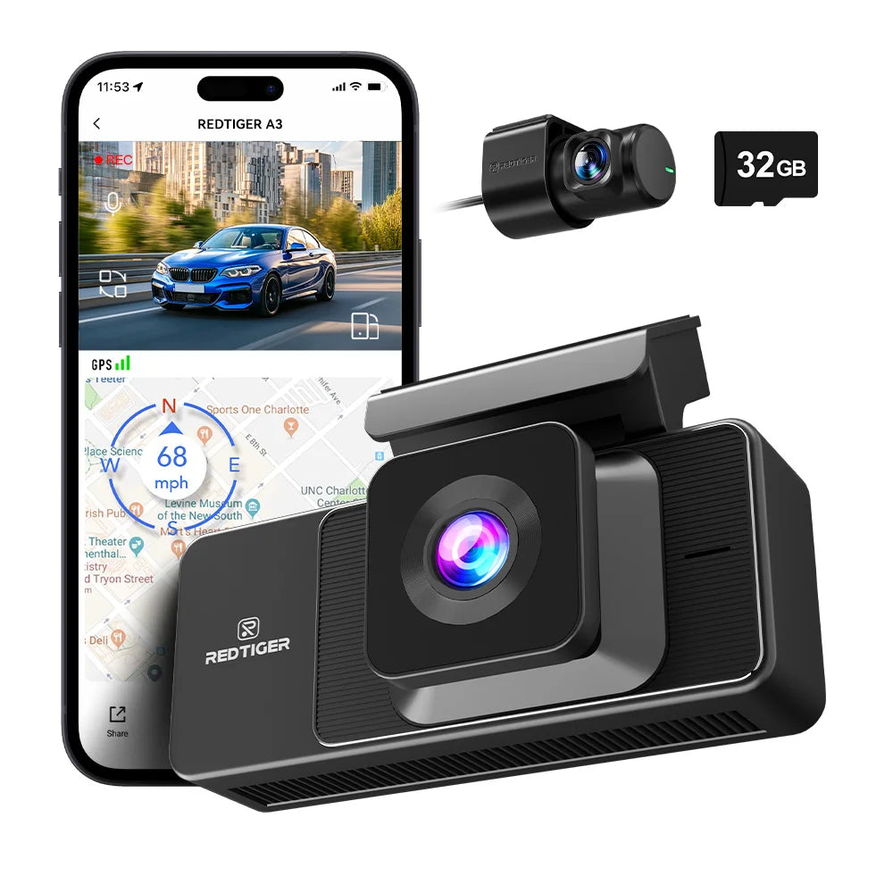 REDTIGER A3 3 Cameras Front/Cabin/Rear Cam Dash Cam Dash Camera Built-in 5.8Ghz WiFi GPS Car DVR Night Vision Parking Monitor