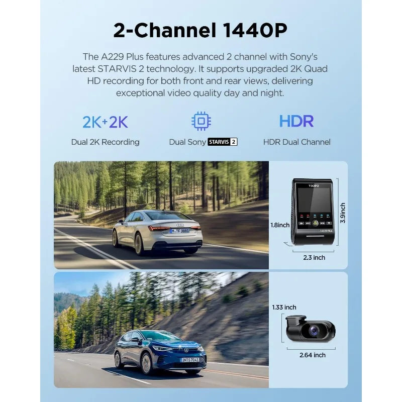 A229 Plus Dash Cam Front and Rear, Dual STARVIS 2 Sensors, 2 Channel HDR, 1440P+1440P Voice Control
