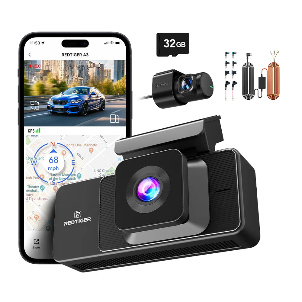 REDTIGER A3 3 Cameras Front/Cabin/Rear Cam Dash Cam Dash Camera Built-in 5.8Ghz WiFi GPS Car DVR Night Vision Parking Monitor