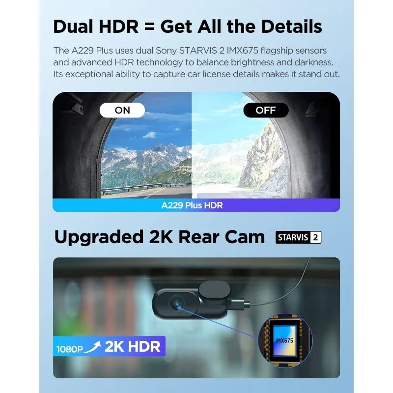 A229 Plus Dash Cam Front and Rear, Dual STARVIS 2 Sensors, 2 Channel HDR, 1440P+1440P Voice Control