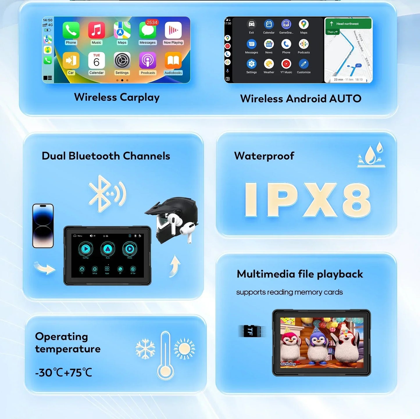 Car Multimedia Wireless Carplay Wireless Android Auto Display Screen Dual BT Channels Support 64G TF Card Support Multi-language