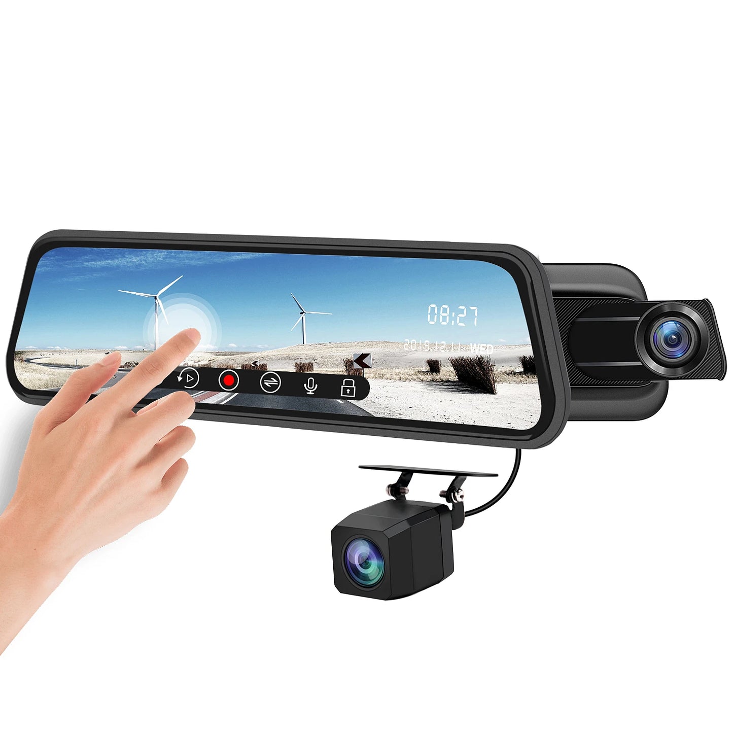 Junsun Backup Camera 10 inch Mirror Dash Cam Dual Lens Front Rear Dash Camera 1080P Full Touch Screen Waterproof Parking Monitor