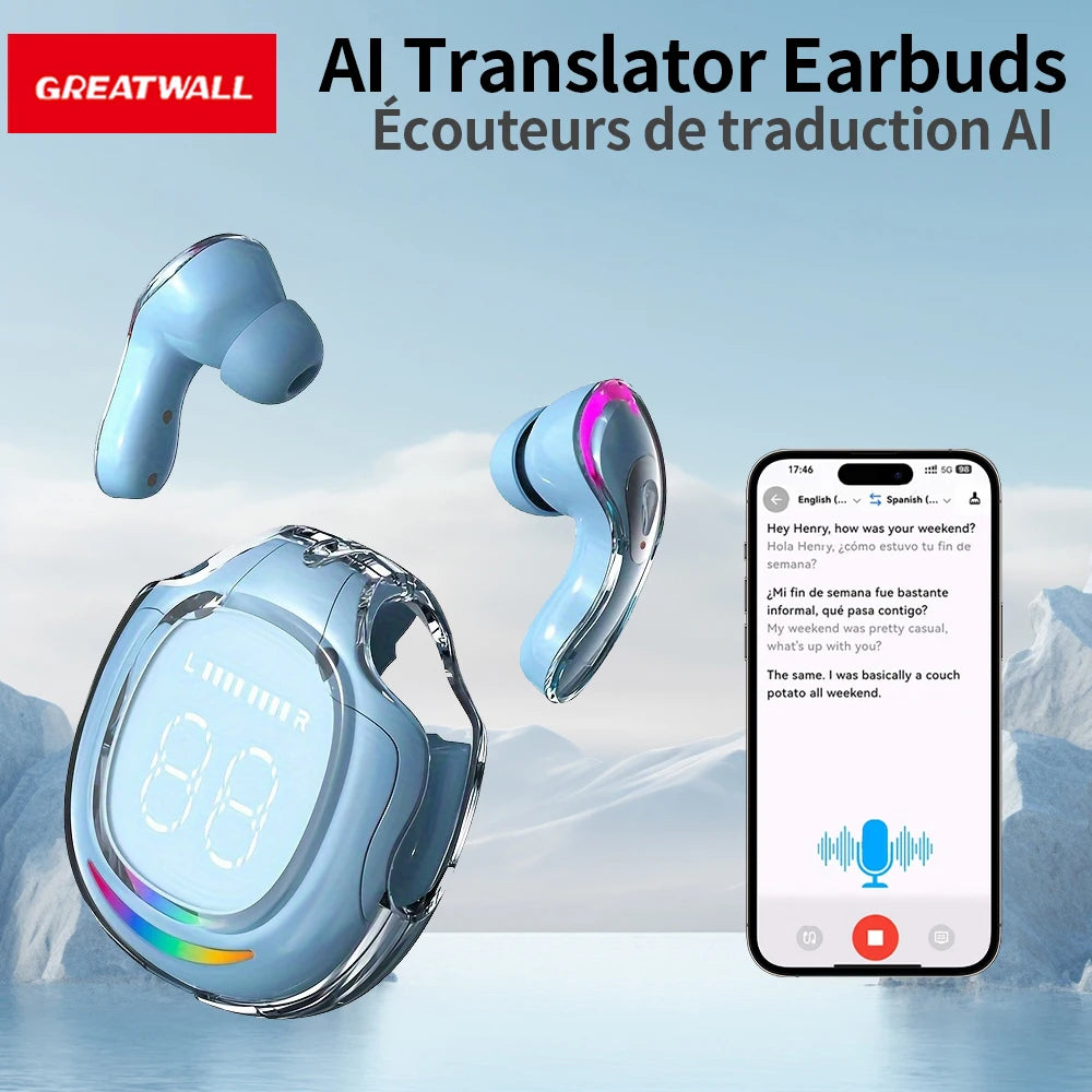 GREATWALL AI language Translator Earbuds Supports 144 Languages And Accents Real Time High Accuracy Translation Earbuds