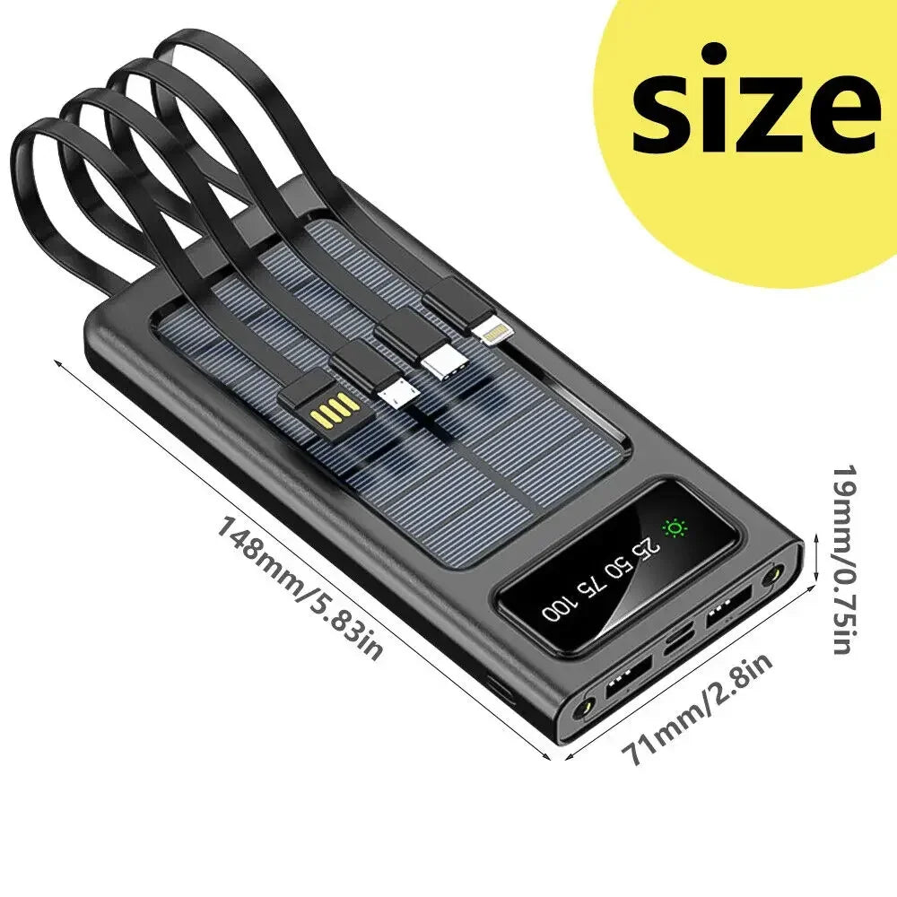 000002mAh Solar Power Bank 4-USB Cable Portable Charger Ultra-Large Capacity Mobile Power Suitable For Samsung Apple Huawei