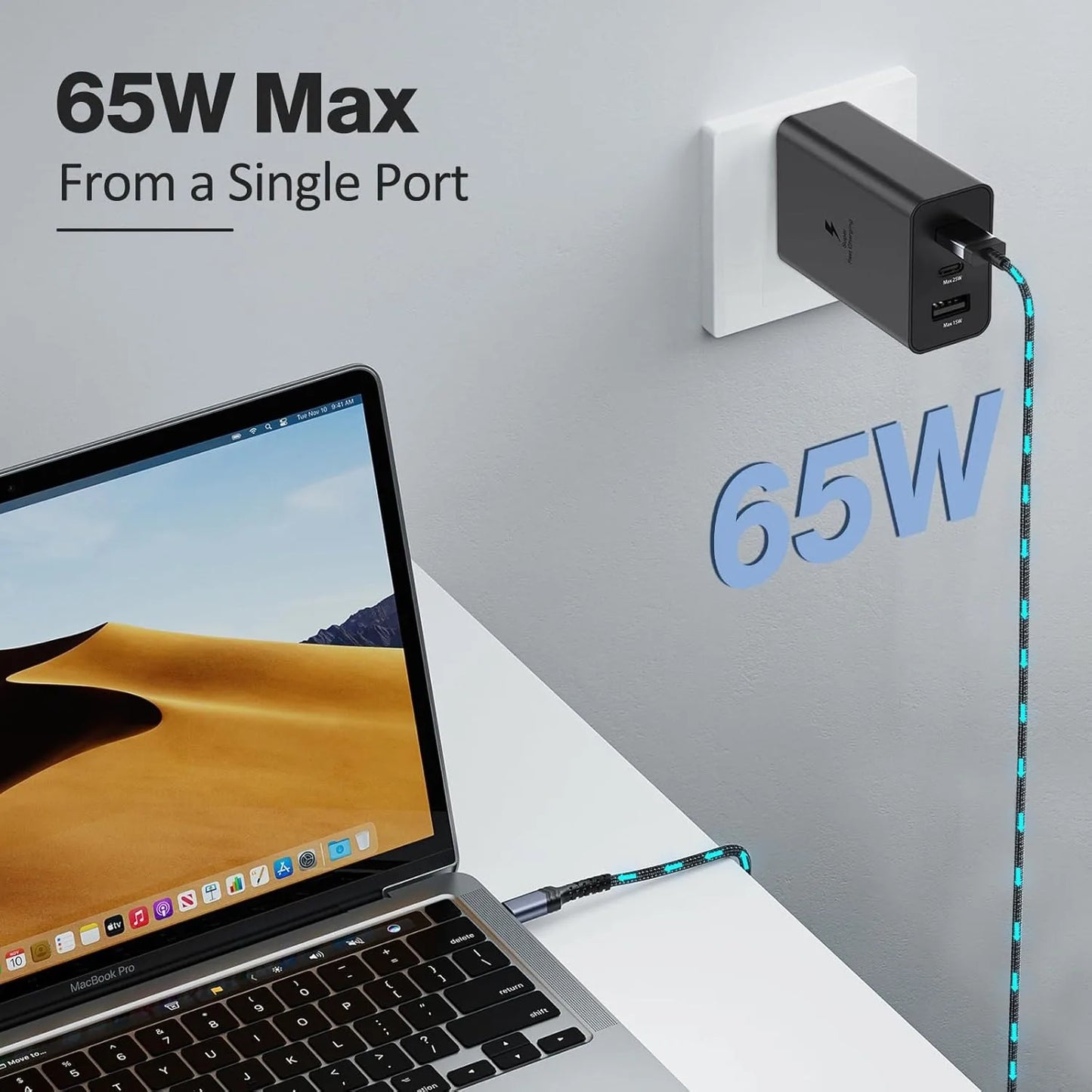 GaN Adapter 65W 3-Port Wall Charger for Samsung Galaxy S24/S23/S22/S22 Ultra/S22+/S21 Ultra/S20 Ultra/Note 20/Z Fold 3/ laptops