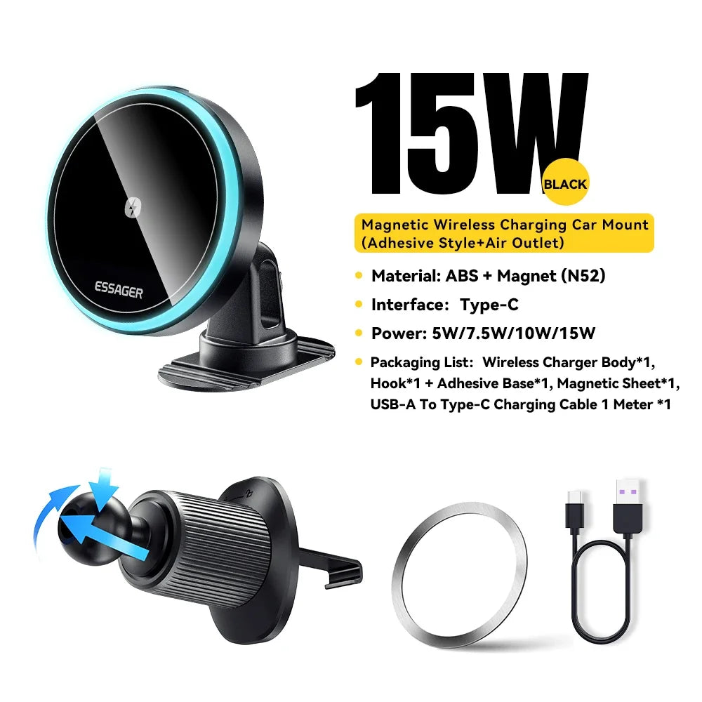 ftvae 15W Magnetic Wireless Car Phone Holder Adjustable 360 degrees Car Charger For iPhone15 14 13 12Pro Huawei Samsung Phone