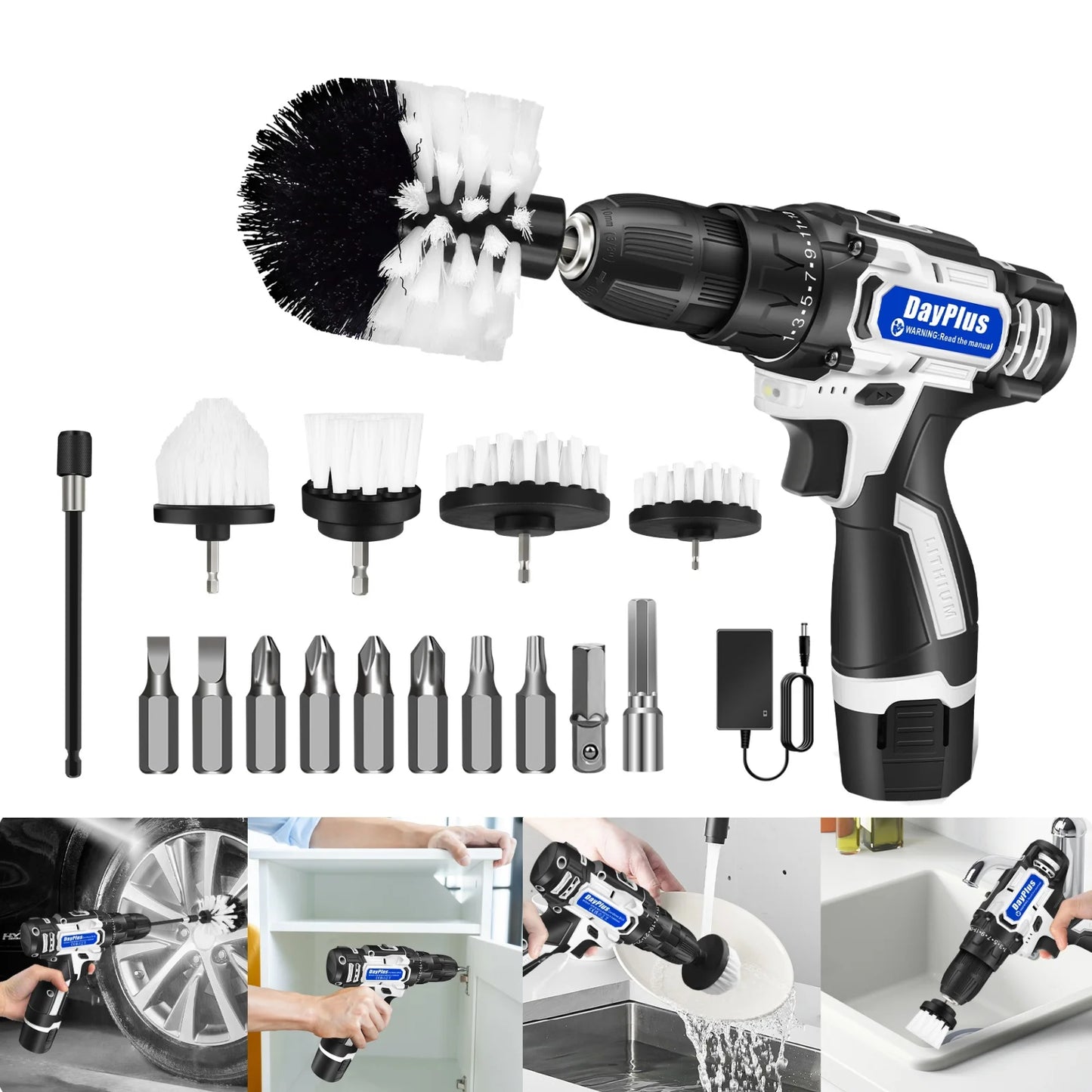 Cordless Drill Brush Kit, All Purpose Cordless Drill for Drilling,Electric Spin Scrubber Electric Cleaning Brush for Cleaning