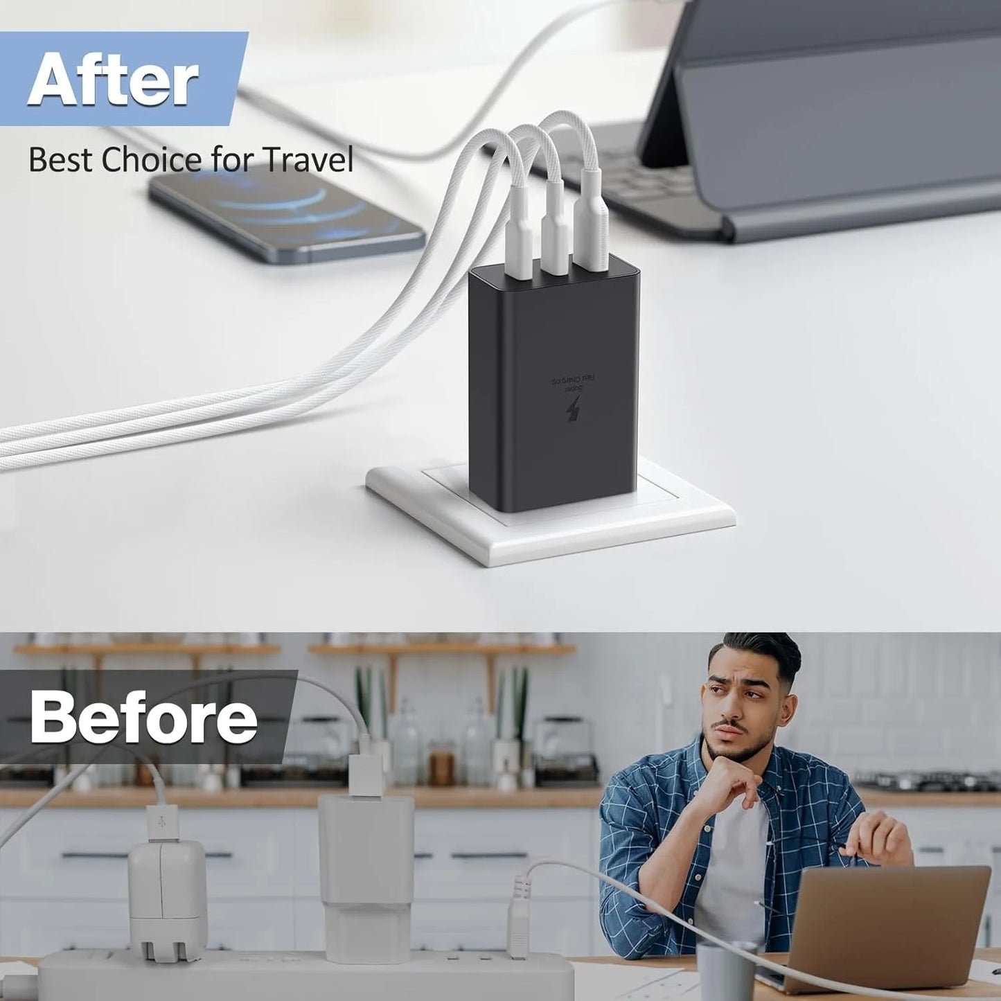 GaN Adapter 65W 3-Port Wall Charger for Samsung Galaxy S24/S23/S22/S22 Ultra/S22+/S21 Ultra/S20 Ultra/Note 20/Z Fold 3/ laptops