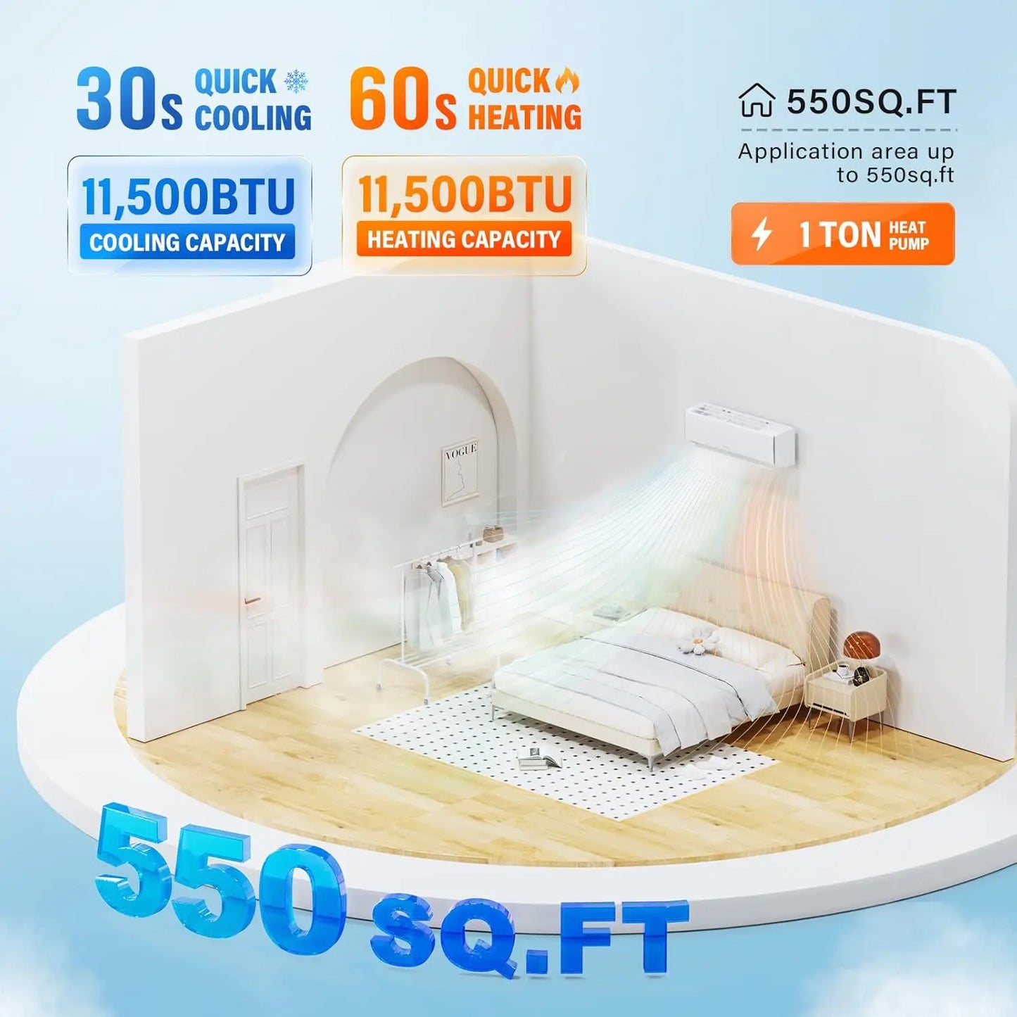 11500 BTU Wifi Enabled Mini Split Air Conditioner & Heater, 17 SEER2 115V Inverter Ductless Wall AC Unit