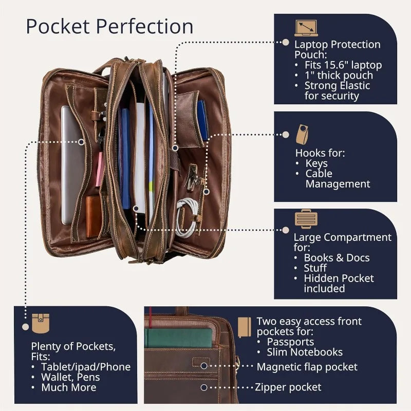 Grain Leather Briefcase for Men, Top Choice Gifts, Handcrafted Laptop Bag with Multiple Compartments and Brass Hardware,