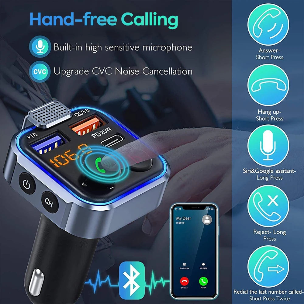 Bluetooth Adapter for Car, Wireless FM Radio Transmitter, Handsfree Calling & Audio Receiver, MP3 Music Player, PD 20W QC 18W