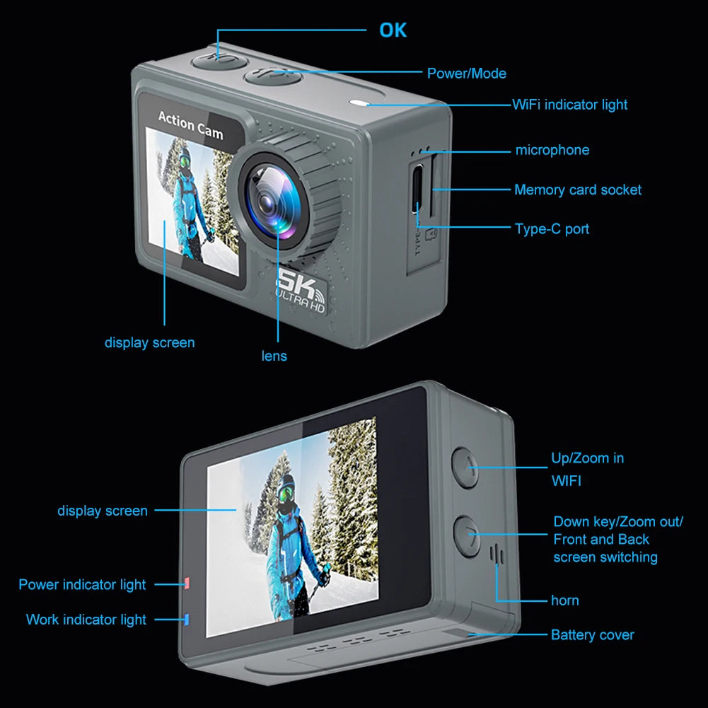 5K 4K 60FPS Action Camera Waterproof Dual Screen WiFi Sport Cam with Remote Stabilization