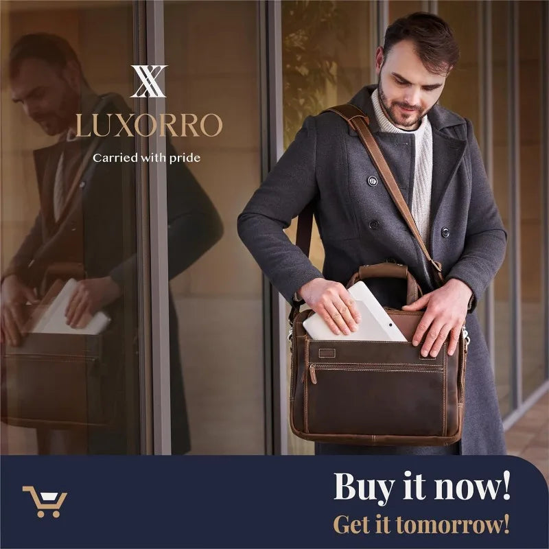 Grain Leather Briefcase for Men, Top Choice Gifts, Handcrafted Laptop Bag with Multiple Compartments and Brass Hardware,