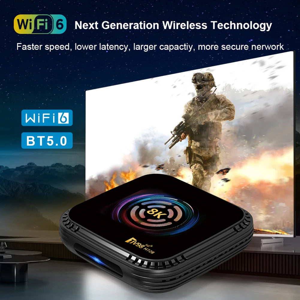 H728 4G 32G/64G Octa-Core BT5.0 Android 14 Smart TV Box Media Player 8K HD Set Top Box with Remote Android Box Dual-Band Wi-Fi