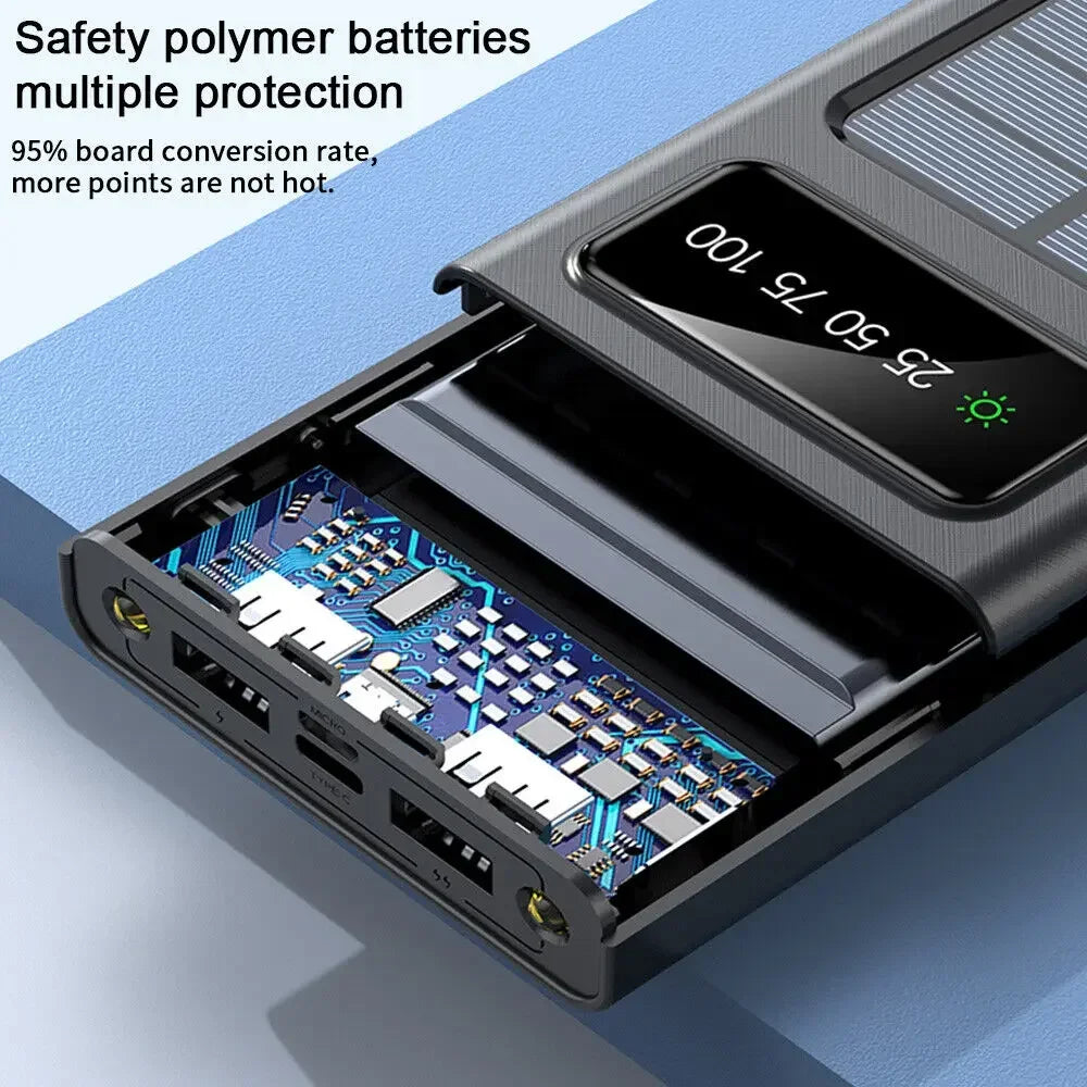 000002mAh Solar Power Bank 4-USB Cable Portable Charger Ultra-Large Capacity Mobile Power Suitable For Samsung Apple Huawei