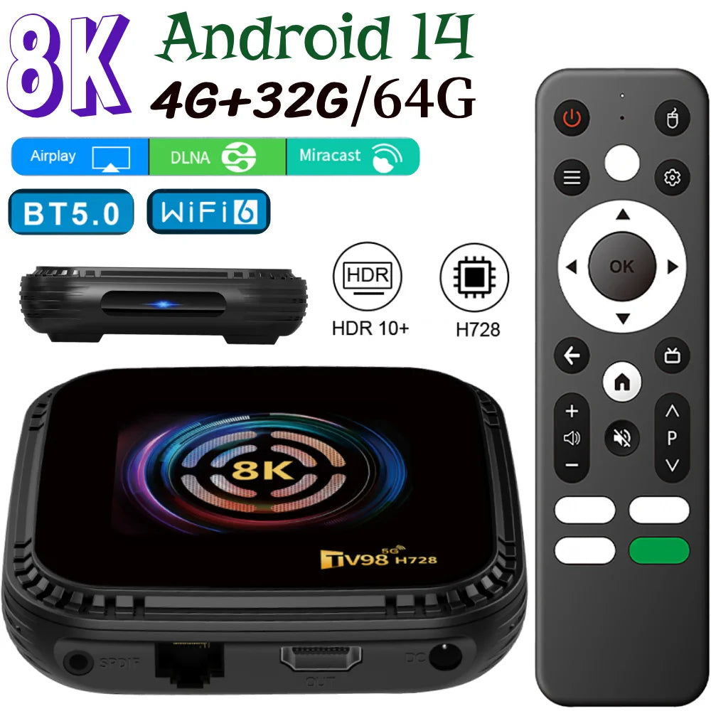 H728 4G 32G/64G Octa-Core BT5.0 Android 14 Smart TV Box Media Player 8K HD Set Top Box with Remote Android Box Dual-Band Wi-Fi