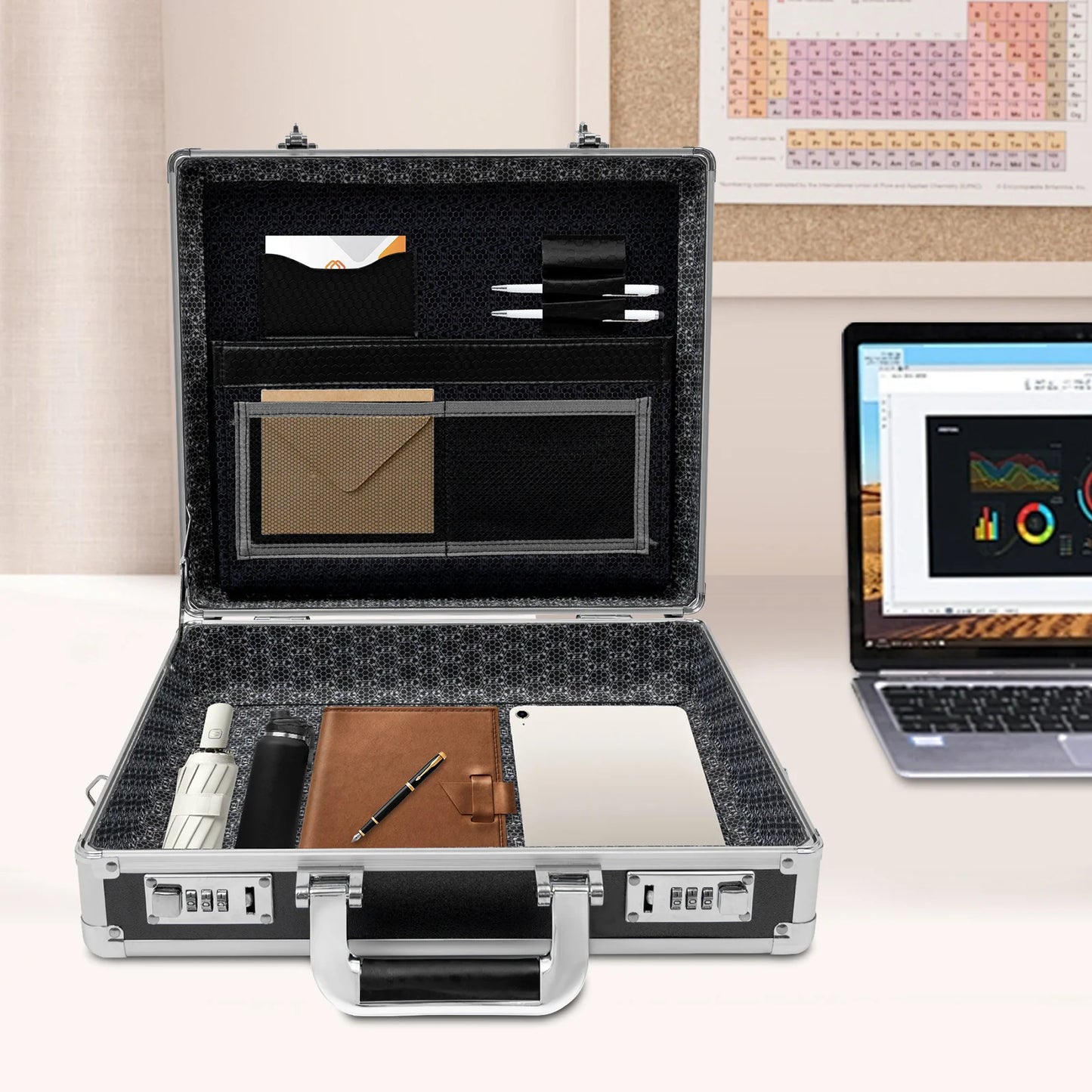 Security Briefcase W/ Dual Combination Locks & Adjustable Strap for Men & Women, Business Travel Case for Laptop (Up To 15.6In)