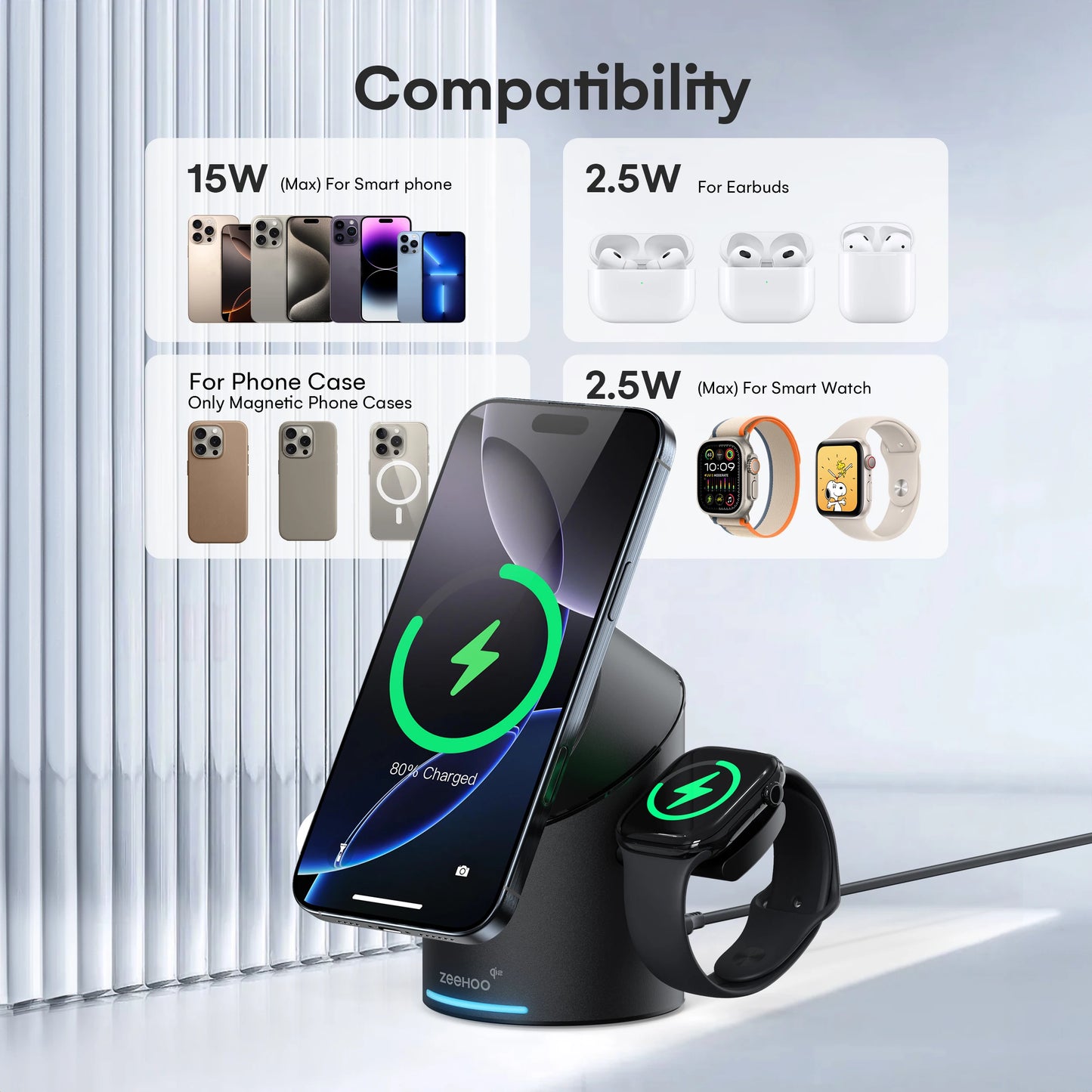 ZEEHOO Wireless Charging Station, CylinTrick-R Qi2 15W Fast Charging, 3 in 1 Charging Station for Apple Watch, iPhone, AirPods (