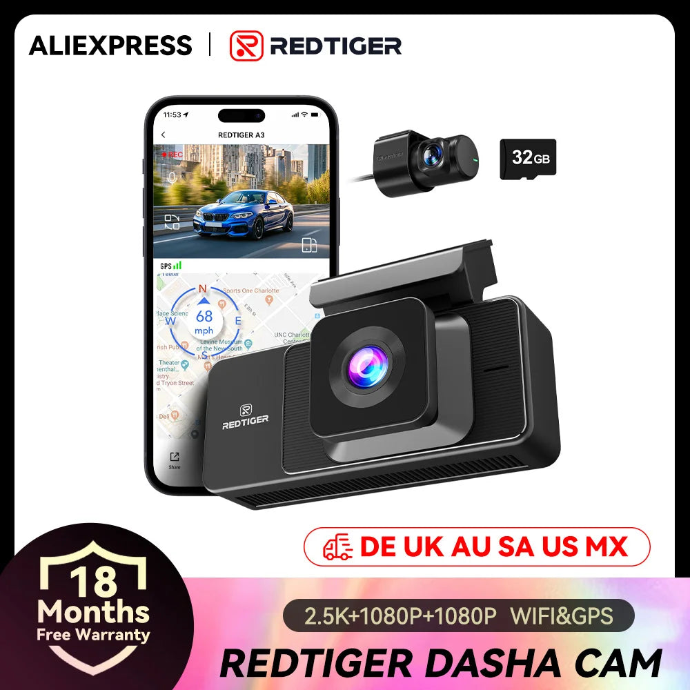 REDTIGER A3 3 Cameras Front/Cabin/Rear Cam Dash Cam Dash Camera Built-in 5.8Ghz WiFi GPS Car DVR Night Vision Parking Monitor