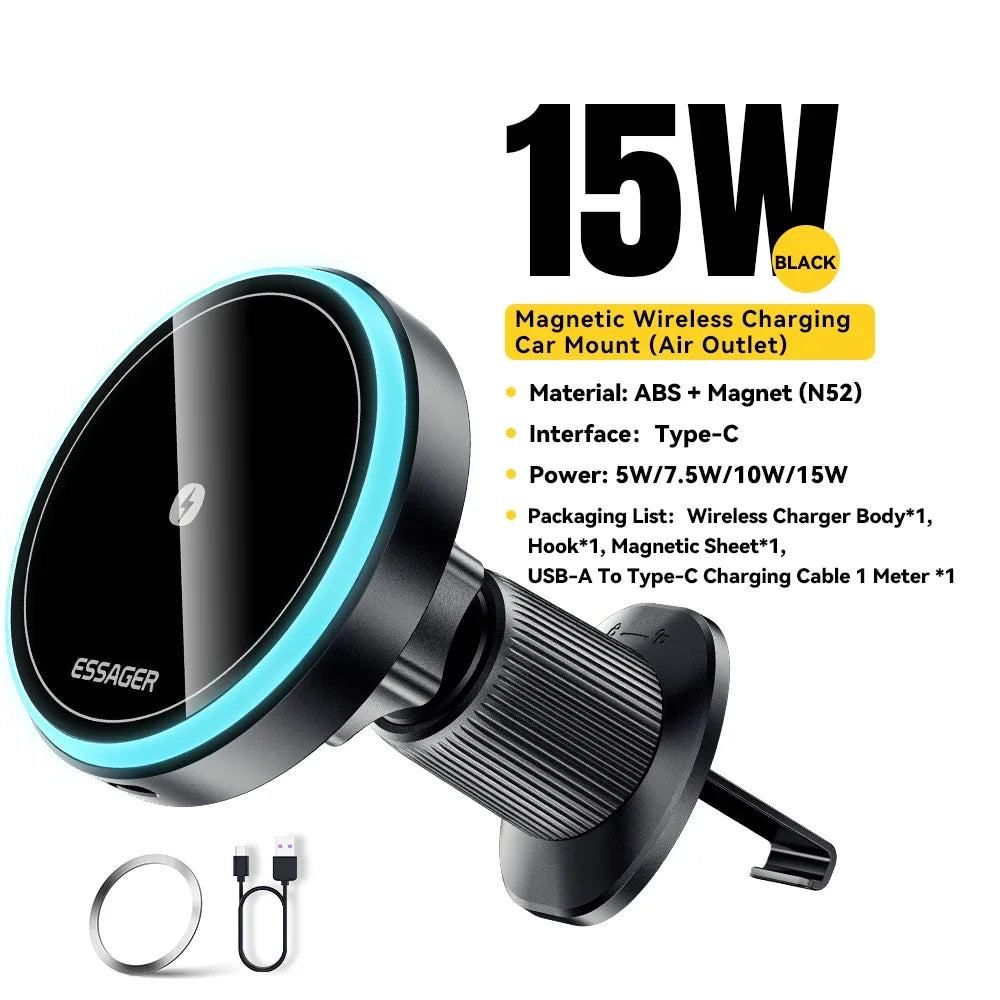 ftvae 15W Magnetic Wireless Car Phone Holder Adjustable 360 degrees Car Charger For iPhone15 14 13 12Pro Huawei Samsung Phone