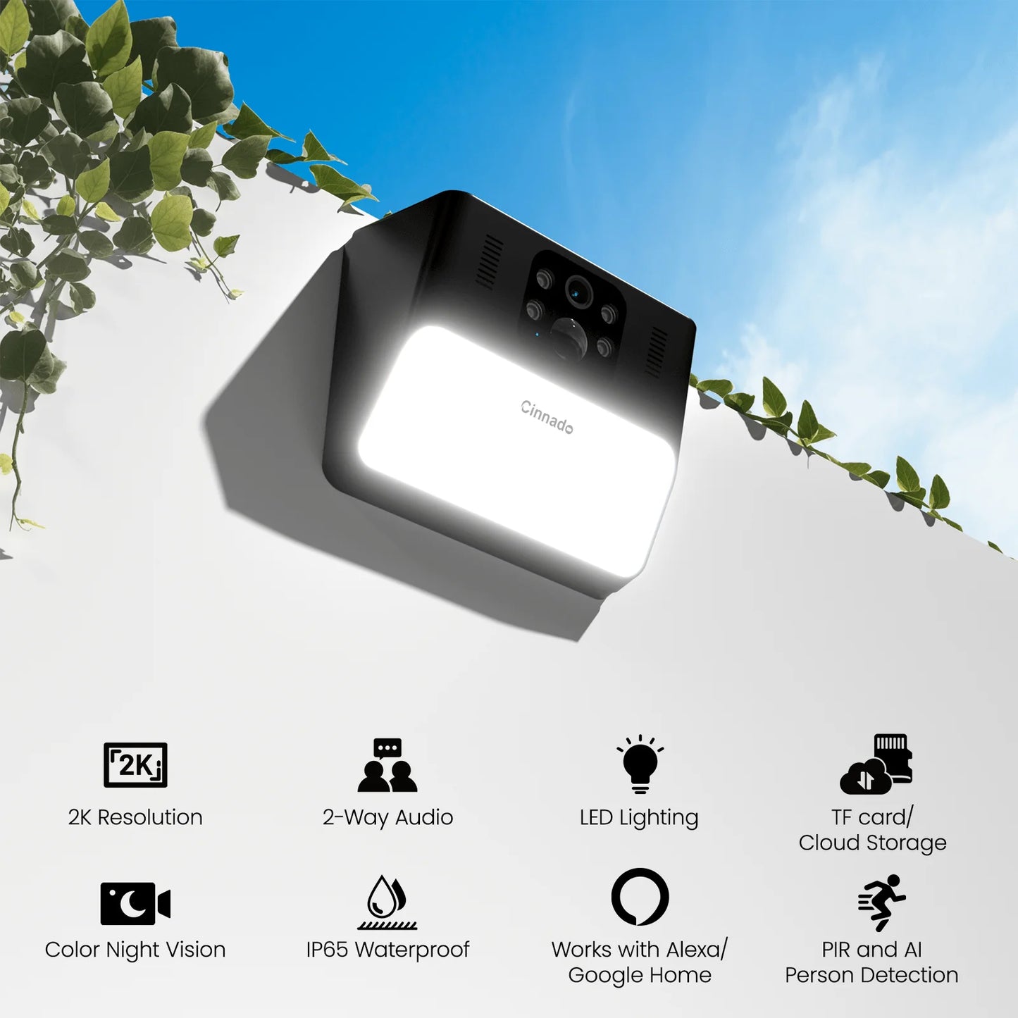Cinnado 2K Solar Wall Light Cameras for Home Security 2.4Ghz WiFi with AI Motion Detection, Waterproof, Motion Activated Light
