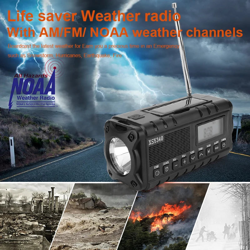 10000mAh Emergency Radio AM FM NOAA Weather Radio Multifunctional Hand Crank Solar Radio with Flashlight Power Bank SOS Alarm