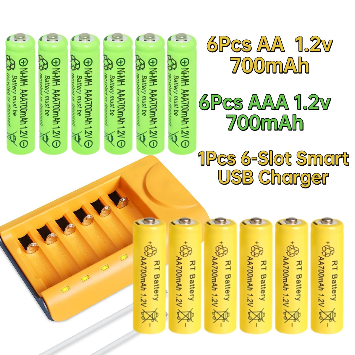 Skywolfeye 30pcs/24pcs/18pcs/12pcs/6pcs AA AAA NiMh 1.2V 700mah Rechargeable Battery Set with 6 Slot Battery Charger