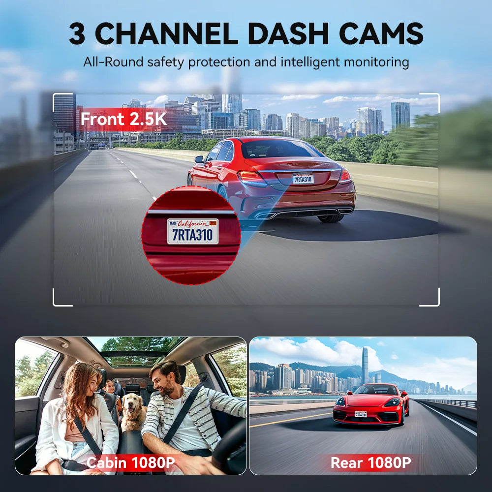 REDTIGER A3 3 Cameras Front/Cabin/Rear Cam Dash Cam Dash Camera Built-in 5.8Ghz WiFi GPS Car DVR Night Vision Parking Monitor