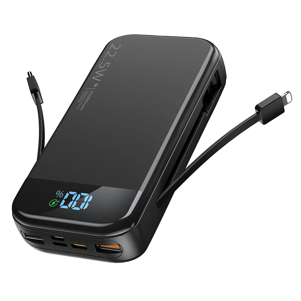 Portable Charger 32000mAh, QC 3.0 PD20W Smart LED Display Fast Charging Built in 2 Cables Power Bank