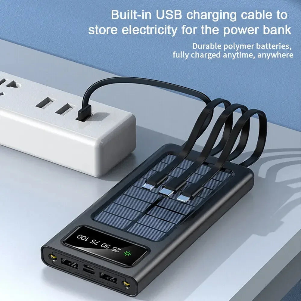 000002mAh Solar Power Bank 4-USB Cable Portable Charger Ultra-Large Capacity Mobile Power Suitable For Samsung Apple Huawei