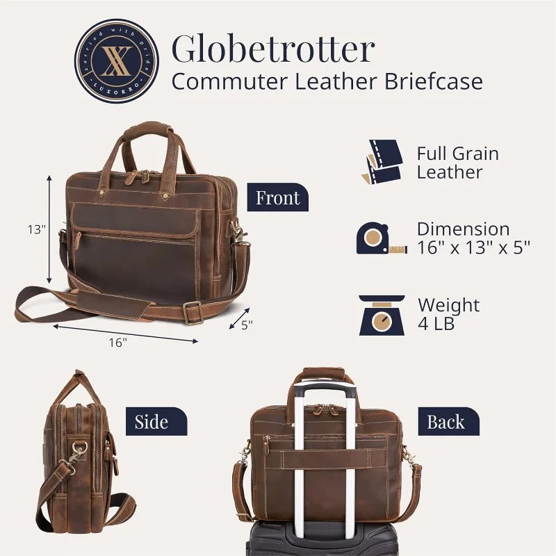 Grain Leather Briefcase for Men, Top Choice Gifts, Handcrafted Laptop Bag with Multiple Compartments and Brass Hardware,