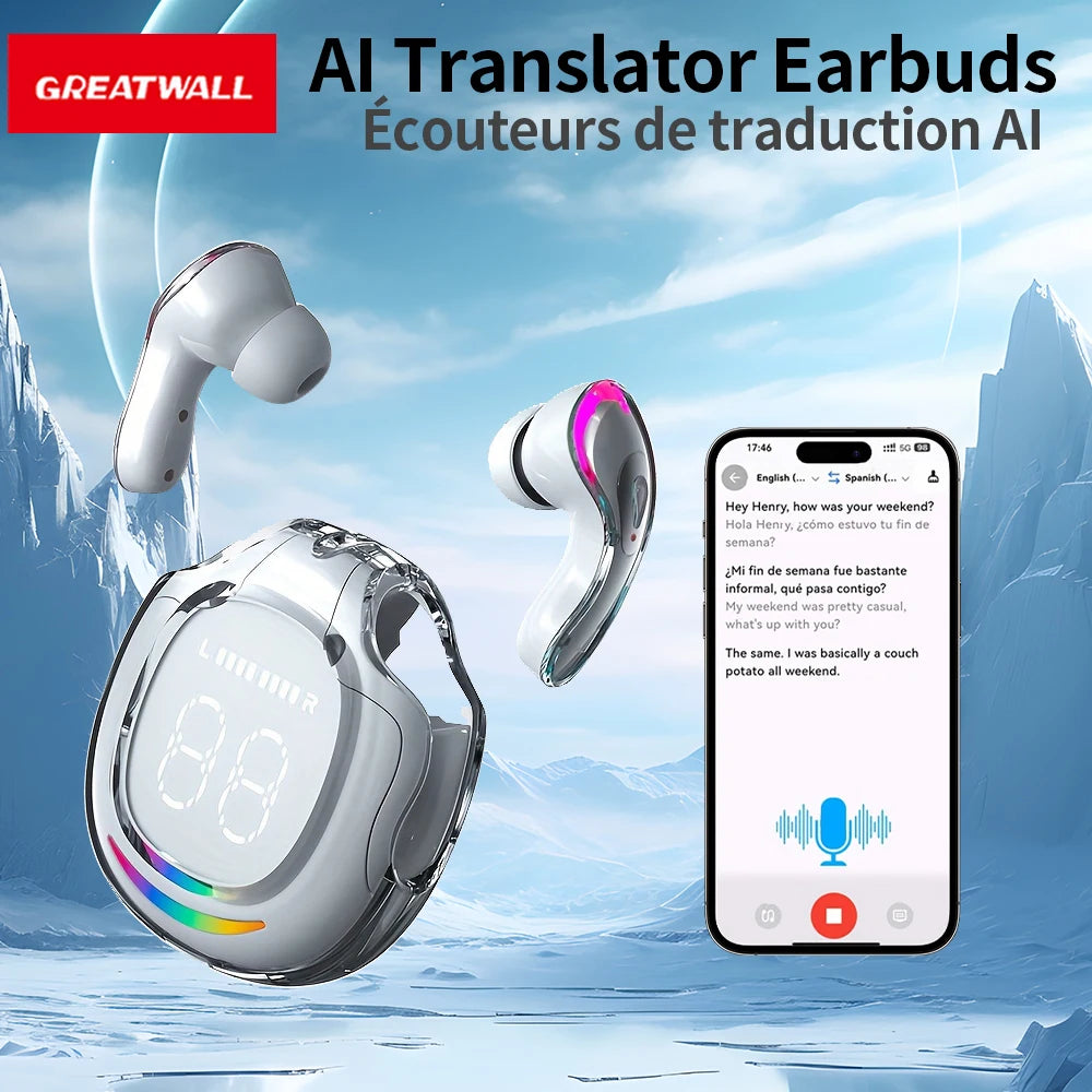 GREATWALL AI language Translator Earbuds Supports 144 Languages And Accents Real Time High Accuracy Translation Earbuds