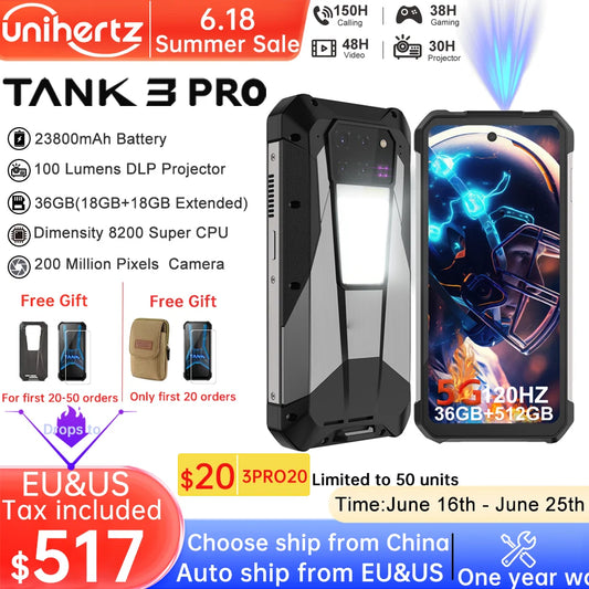US EU MX Warehouse Unihertz Tank 3 Pro 8849 with 100 Lumens 5G Projector phone,32GB/36GB RAM,512GB ROM,23800mAh 120W,200MP, NFC