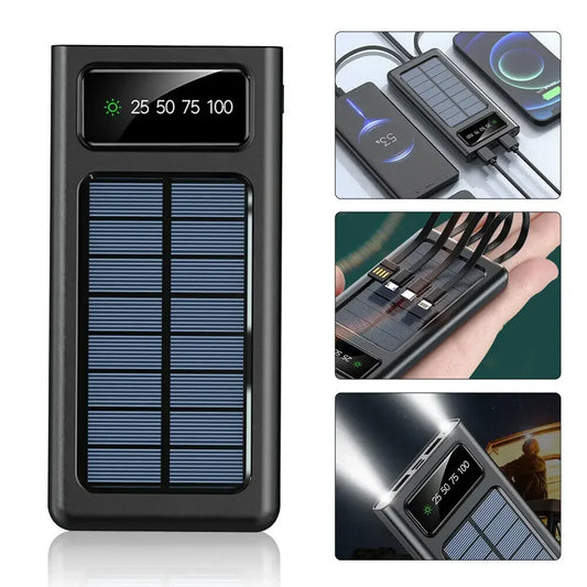 000002mAh Solar Power Bank  4-USB Cable Portable Charger Ultra-Large Capacity Mobile Power Suitable For Samsung Apple Huawei