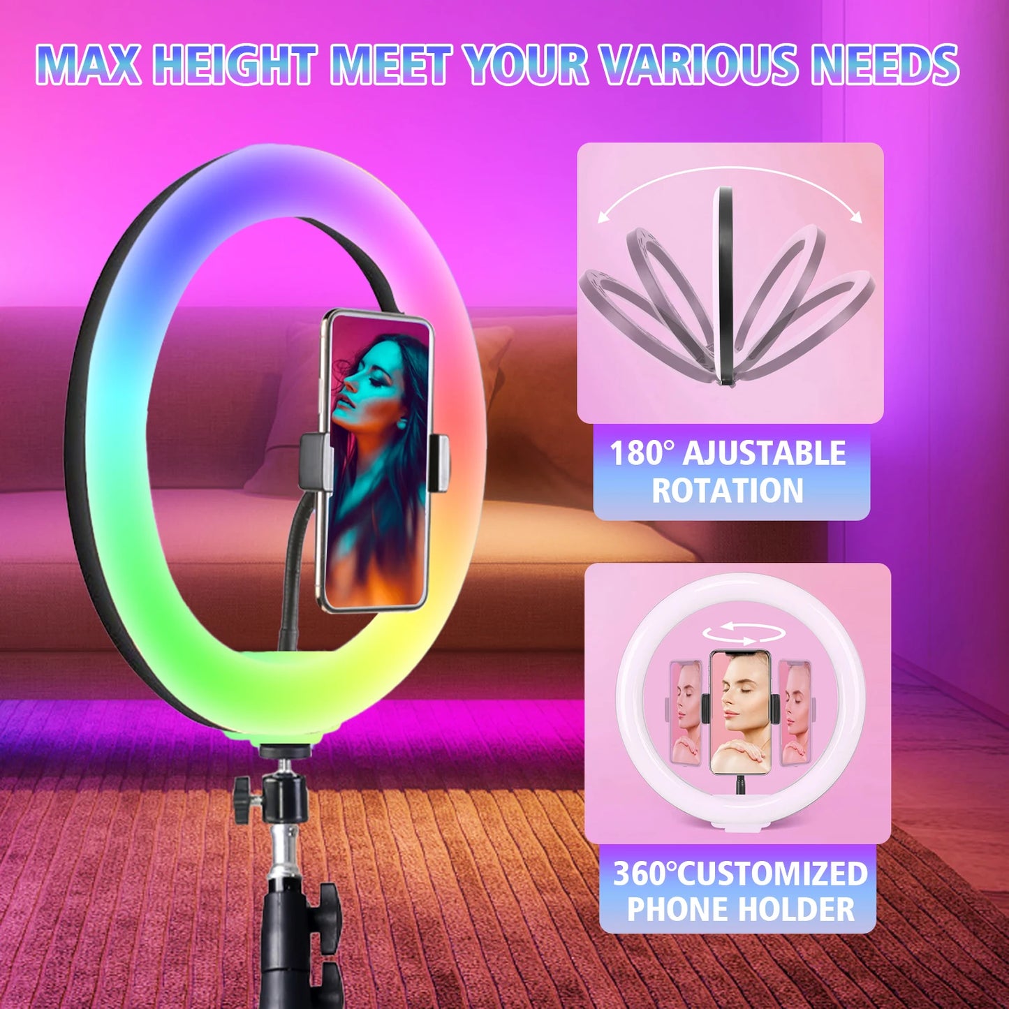 10 Inch RGB Ring Light, Extendable to 160 cm, Multi-functional Portable Tripod, 38 Adjustable Colors for Live Streaming, Selfie
