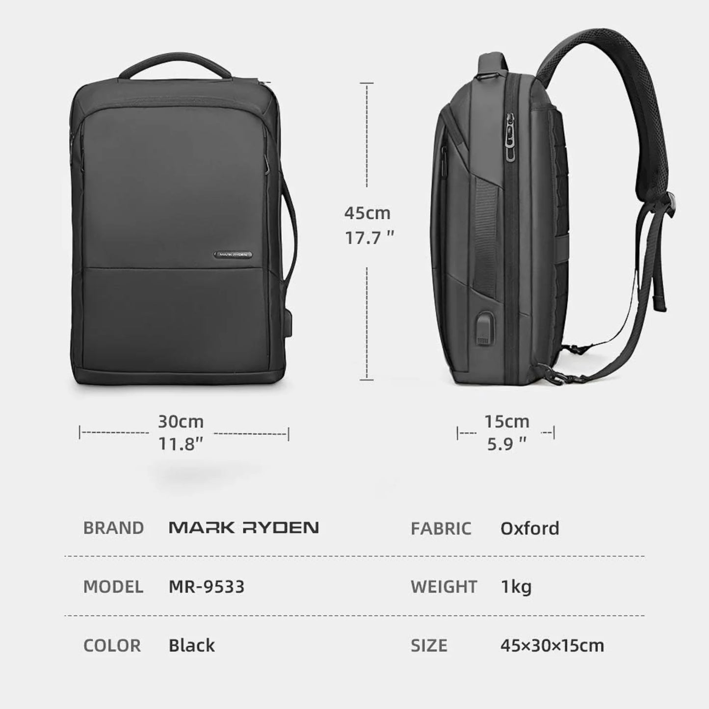 Muzee Slim Business Backpack for Men, 3-in-1 Executive Briefcase & Daypack, Fits 15.6 Inch Laptop, USB Port, Black
