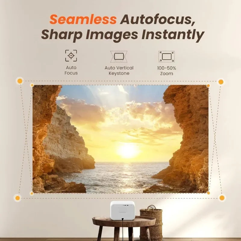 home.[Seamless Autofocus] Portable Outdoor Movie Projector, Home Theater Projector for iPhone/TV Stick//USB/Laptop/PS5-White