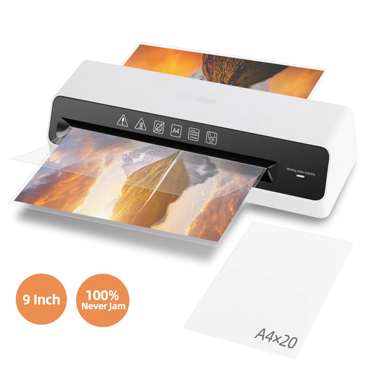 Deli 9in Max Width Thermal Laminator with 20 A4 Pouches, Quick Warm-Up, Never Jam, Desktop Laminator for Home Office Use