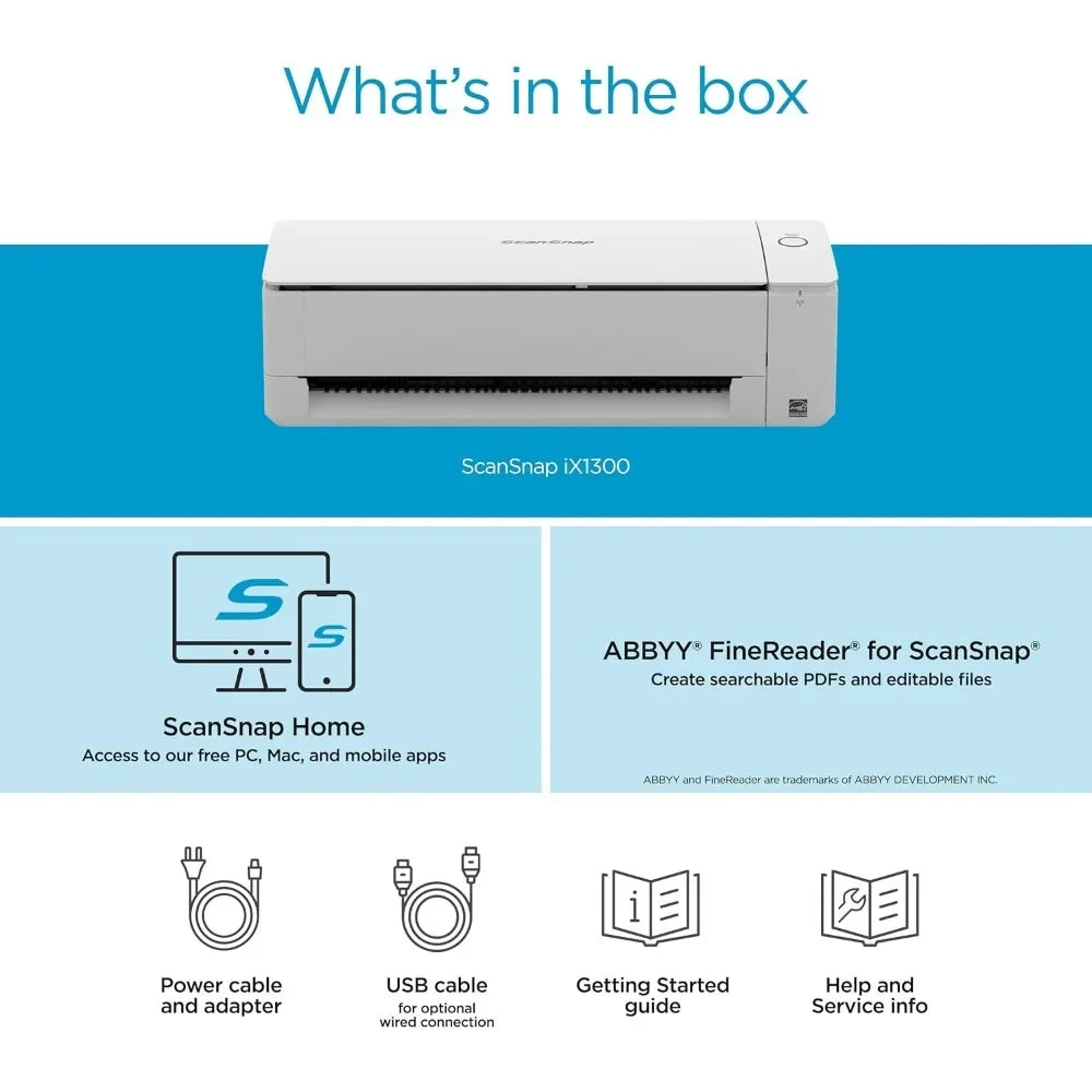 Fast  delivery.iX1300 Compact Wireless or USB Double-Sided Color Document,Photo & Receipt Scanner with Document Feeder and Feede
