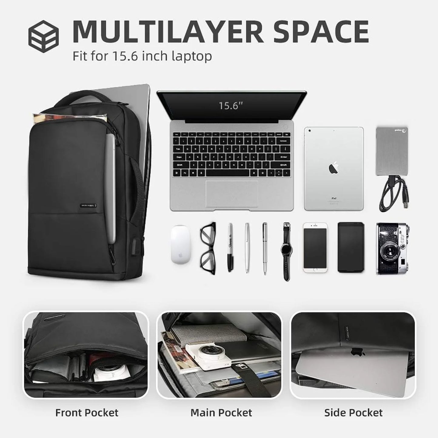 Muzee Slim Business Backpack for Men, 3-in-1 Executive Briefcase & Daypack, Fits 15.6 Inch Laptop, USB Port, Black