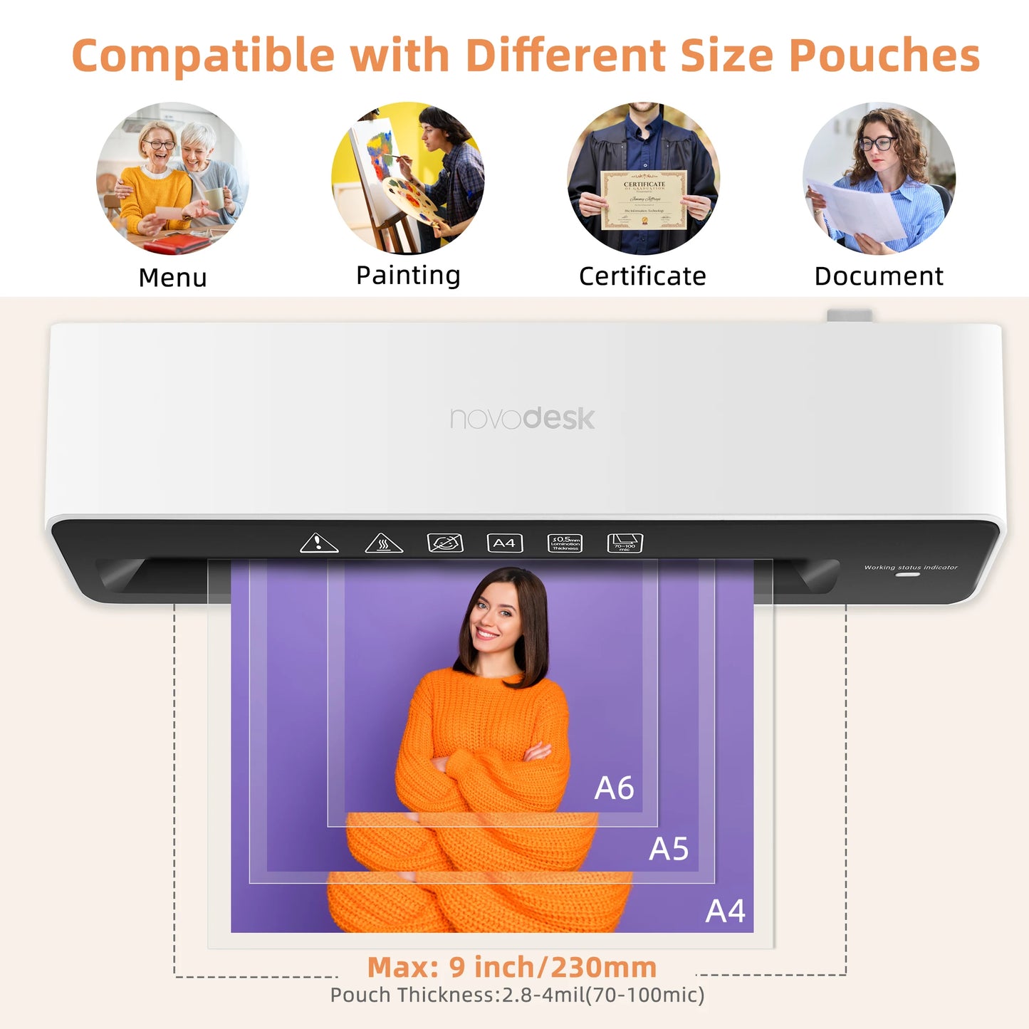 Deli 9in Max Width Thermal Laminator with 20 A4 Pouches, Quick Warm-Up, Never Jam, Desktop Laminator for Home Office Use